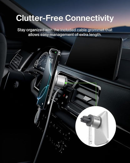 Belkin MagSafe Car Vent Mount Pro, Magnetic Phone Holder for iPhone 16/15/14/13/12, Secure Grip, Portrait & Landscape View, Cable Management, Air Vent Clip, Magsafe Compatible, Silver, Includes Cloth