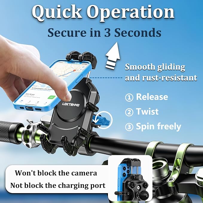LOKTENWO Motorcycle Phone Mount-[Triple Vibration Dampener] & [Metal Adjustment Arm]，Motorcycle Cell Phone Holder, Bike Phone Mount for iPhone 17 16 15 Pro Max, 5.4-7.2" Smartphones