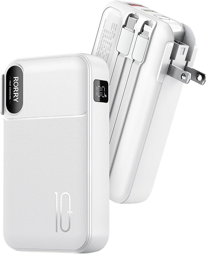 RORRY Portable Charger w/Wall Plug 10000mAh Power Bank 22.5W Battery Pack | Built in Cables, Fast Charging, for iPhone, iPad, Samsung Galaxy, Pixel, LG, Travel Essential, Digital Display, Pocket Size