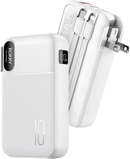 RORRY Portable Charger w/Wall Plug 10000mAh Power Bank 22.5W Battery Pack | Built in Cables, Fast Charging, for iPhone, iPad, Samsung Galaxy, Pixel, LG, Travel Essential, Digital Display, Pocket Size