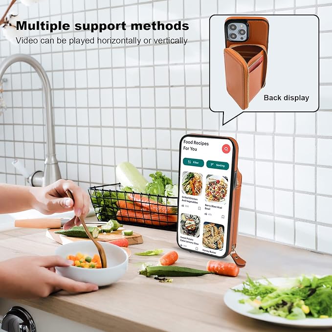 Bocasal RFID Blocking Wallet Case for iPhone 14 Pro Max, Adjustable Crossbody Zipper Purse Case Card Holder with Kickstand Detachable Wrist Strap, PU Leather Flip Folio Case 6.7 Inch 5G (Brown)