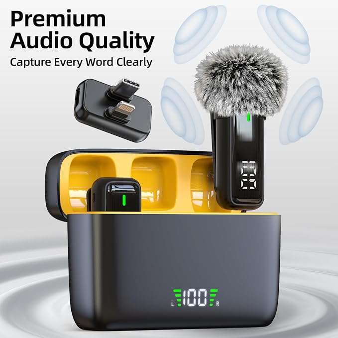 Wireless Lavalier Microphone for iPhone iPad Android - Clip On Mic with Charging Case, 24H Battery Life, Noise Reduction, Lapel Microphone for Video Recording
