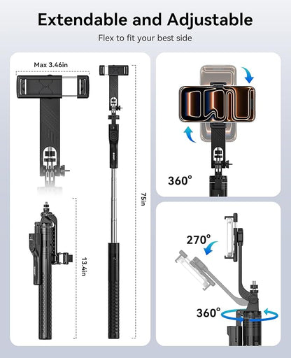 ORICO 75" Phone Tripod & Selfie Stick - 360° Rotatable Handle + Phone Holder for Multi-Angle Shooting, Wireless Remote, Extendable Stand for iPhone/Android/Camera/GoPro, Travel/Vlog/Recording - SPM190