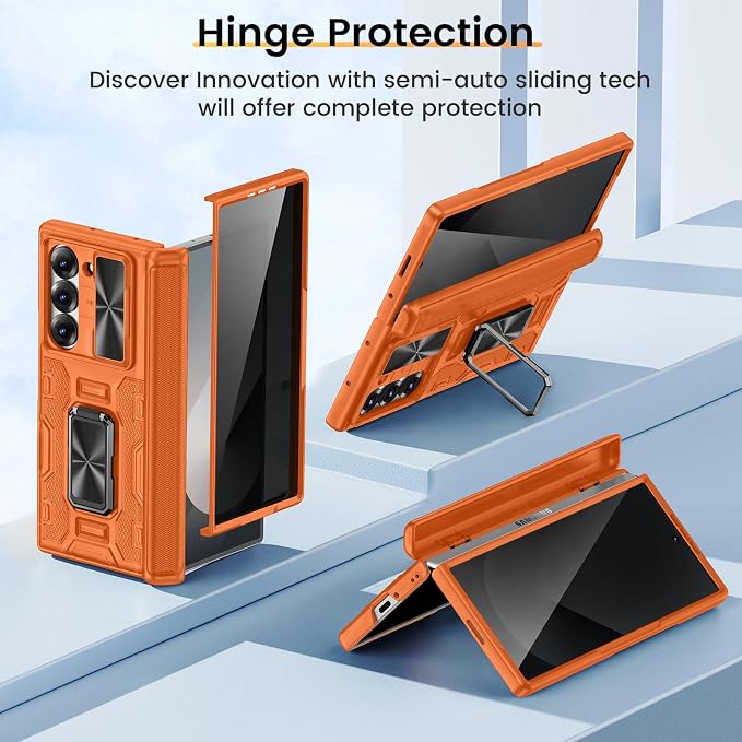 VEGO for Samsung Fold 6 Case with Hinge Protection&Screen Protector,Orange | Slide Camera Cover[Adjustable Stand] Military-Grade Drop Protection Hard Privacy Phone Case for Galaxy Z Fold 6 2024