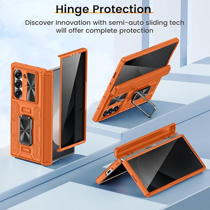 VEGO for Samsung Fold 6 Case with Hinge Protection&Screen Protector,Orange | Slide Camera Cover[Adjustable Stand] Military-Grade Drop Protection Hard Privacy Phone Case for Galaxy Z Fold 6 2024