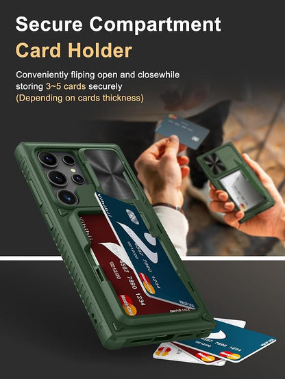 Vihibii for Samsung Galaxy S23 Ultra Case with Card Holder (4 Cards), Built-in 2X Tempered Glass Screen Protector & Slide Camera Cover & Kickstand, Rugged & Shockproof Phone Case for S23 Ultra, Green