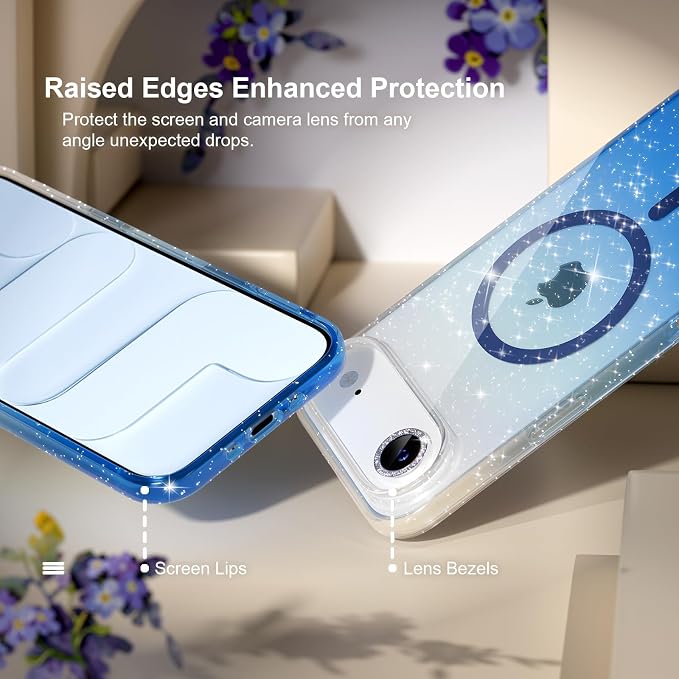 Choiche Magnetic for iPhone 17 Air Case Compatible with MagSafe, Women Cute Glitter Sparkly Phone Case with Diamond Camera Lens Protectors, Military-Grade Drop Protection 6.5" (Clear/Blue)