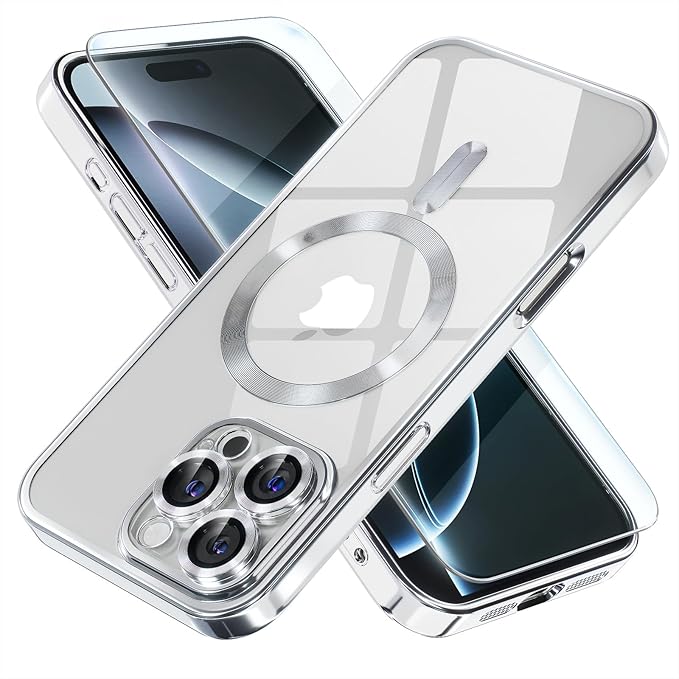 Misea Magnetic for iPhone 16 Pro Max Case Compatible with MagSafe [Never Yellowing] [Military Grade Drop Protection] Full Camera Lens Protector Plating Soft Clear Phone Case for Women 6.9", Silver