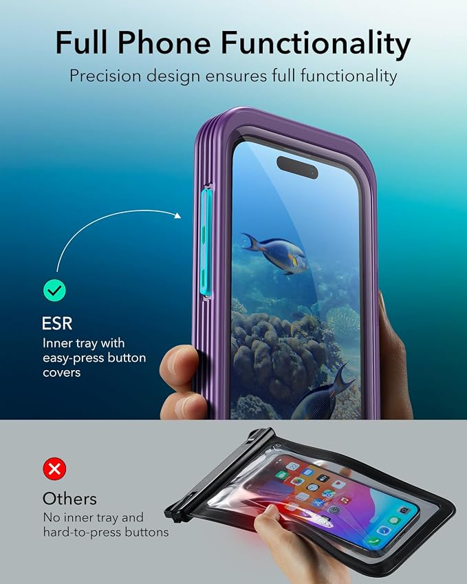 ESR Waterproof Phone Pouch for iPhone 13 Pro / 14 Pro / 15 Pro, Underwater Touch Sensitivity, IPX8 Floating Waterproof Cellphone Case with Lanyard, Dry Bag for Snorkeling, Purple