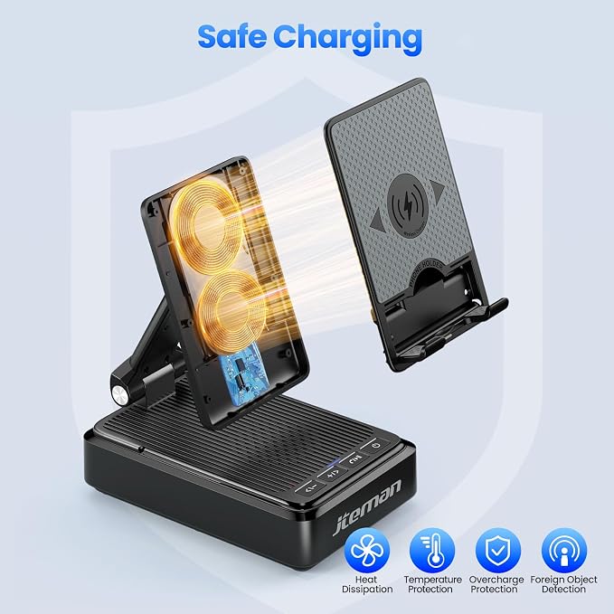 Jteman Cell Phone Stand with Bluetooth Speaker and Wireless Charger,Desktop Charging Station Stand Speaker for iPhone,Christmas Birthday Gift for Men Women (Black)