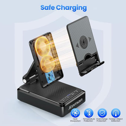 Jteman Cell Phone Stand with Bluetooth Speaker and Wireless Charger,Desktop Charging Station Stand Speaker for iPhone,Christmas Birthday Gift for Men Women (Black)
