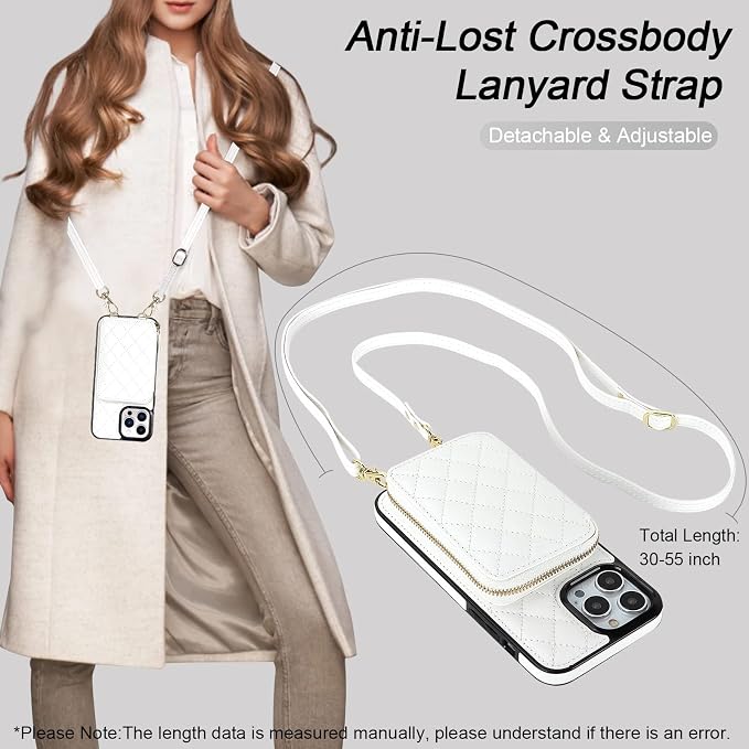 Bocasal Crossbody Wallet Case for iPhone 13 Pro Max, RFID Blocking PU Leather Zipper Handbag Purse Flip Cover, Kickstand Folio Case with Card Slots Holder Wrist Strap Lanyard 5G 6.7 Inch (White)