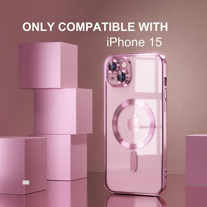Misea Magnetic for iPhone 15 Case Compatible with MagSafe [Never Yellowing] [Military Grade Drop Protection] Full Camera Lens Protector Plating Soft Clear Phone Case for Women, Pink
