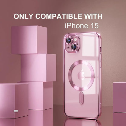 Misea Magnetic for iPhone 15 Case Compatible with MagSafe [Never Yellowing] [Military Grade Drop Protection] Full Camera Lens Protector Plating Soft Clear Phone Case for Women, Pink