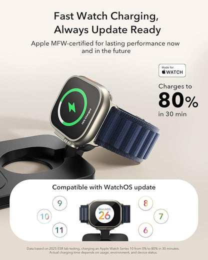 ESR 3 in 1 Charging Station for Apple, Qi2.2 25W MagSafe Charger with CryoBoost, Phone-Cooling Wireless Charging Station Foldable, for iPhone 17/16 with iOS 26(50W Adapter), AirPods, Apple Watch,Black