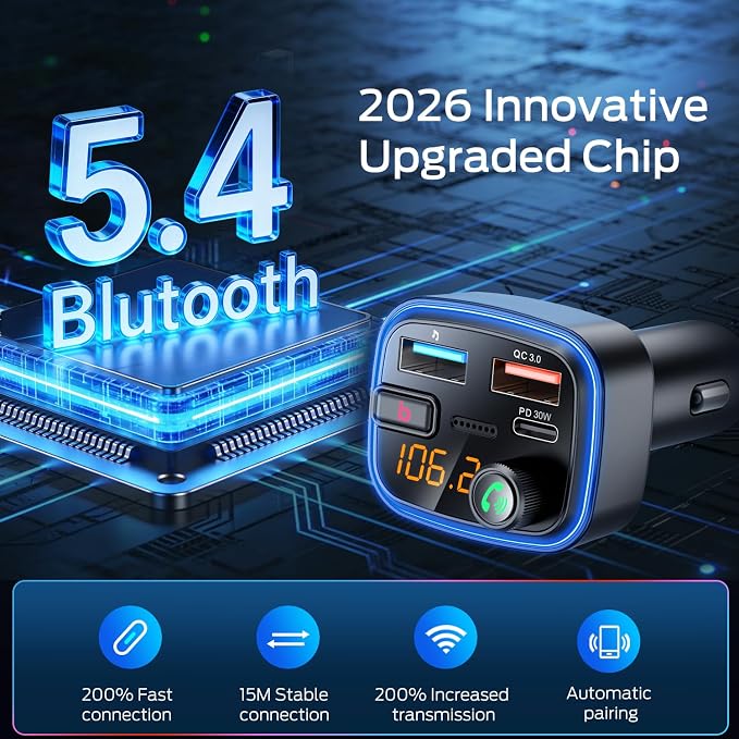 Bluetooth 5.4 Car Adapter, Wireless FM Transmitter with Deep Bass Player, 48W Fast Charging Bluetooth Adapter for Car, Hands-Free Calling & Audio Receiver, MP3 Music Player, Support USB Drive