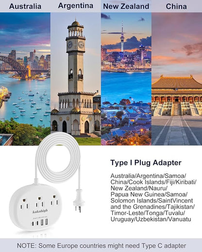 Australia Power Plug Adapter, 4FT AU Power Strip | New Zealand Plug Adapter with 3 USA Outlets 4 USB Ports Total 24W, Type I Plug Adapter for USA to Australia, Argentina, China