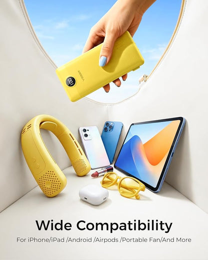 VEGER Portable Charger with Built-in AC Plug and Cables, All in One 10000mAh Ultra Slim Power Bank Travel Essentials, USB C External Battery Pack Compatible with iPhone, Samsung, More, Yellow
