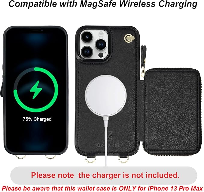 Bocasal for MagSafe Crossbody Wallet Case Compatible with iPhone 13 Pro Max, RFID Blocking Protective Purse Case with Card Slots Holder Kickstand Wrist Strap Lanyard Zipper 6.7 Inch 5G (Black)