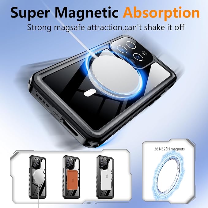 Temdan Magnetic for iPhone 13 Pro Max Case Waterproof, Built-in Screen Protector[IP68 Underwater][Compatible with MagSafe][Military Dropproof] Protective Case for iPhone 13 Pro Max-Black/Clear