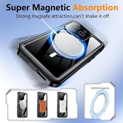 Temdan Magnetic for iPhone 13 Pro Max Case Waterproof, Built-in Screen Protector[IP68 Underwater][Compatible with MagSafe][Military Dropproof] Protective Case for iPhone 13 Pro Max-Black/Clear