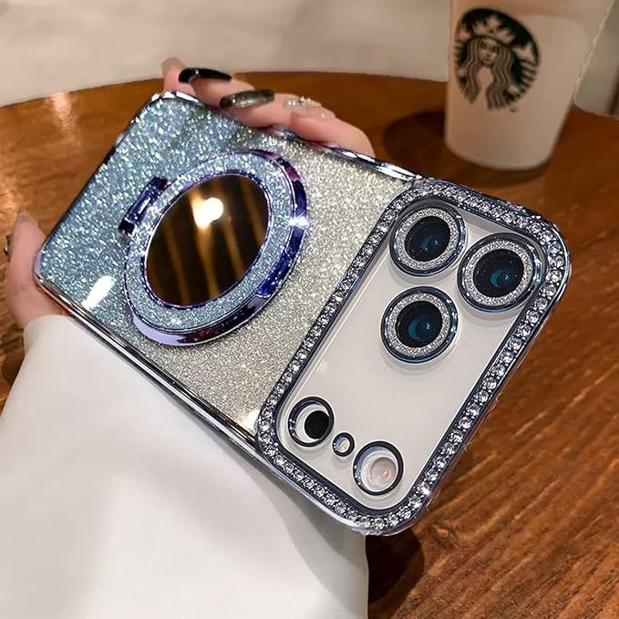 for iPhone 17 Pro Magnetic KickStand Case, [Compatible with Magsafe] Shockproof Glitter Cute Bling Cover Makeup Mirror Ring Holder Camera Protector for Girl Woman for iPhone 17 Pro 6.3", Blue