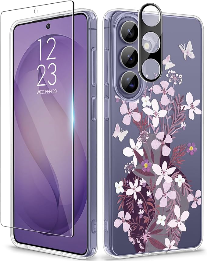 GVIEWIN for Samsung Galaxy S26 Case, Clear Floral Slim Shockproof Protective Women Phone Case, Non-Yellowing, with Screen Protector & Camera Lens Protector for Galaxy S26 6.3", Vase/Purple