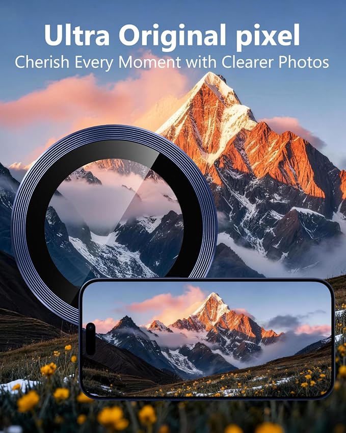 EZ-GLAZ-Camera Lens Protector for iPhone 17/16/15/14 Pro & Pro Max Series, with Aerospace-Grade Aluminum Alloy Ring, 1:1 Invisible Fit & Ultra-Clear, Military-Grade 9H+ Glass, Deep Blue