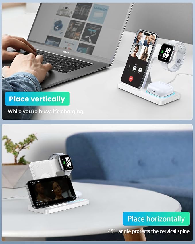DUMTERR 3 in 1 Wireless Charger for iPhone 16/15/14/13/12/11/Pro/Max/XS, Wireless Charging Station for Apple Devices, Charging Stand for Apple Watch Series S10, for AirPods 4/3/2/Pro/Pro 2(White)