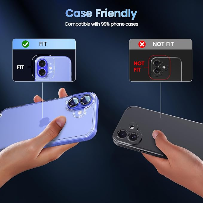 CACOE Camera Lens Protector for iPhone 16/16 Plus/17 - Metal Frame Tempered Glass Cover, [Anti-Scratch] [Drop-Proof][Strong-Adhesion] Camera Screen Cover(Cyan)