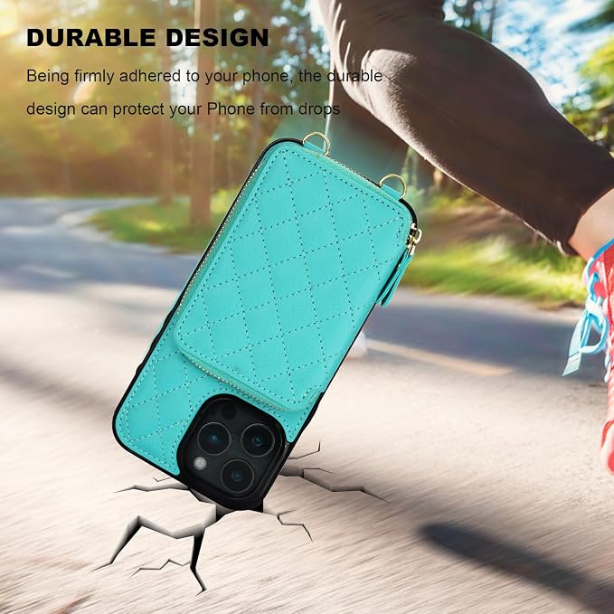 Bocasal Crossbody Wallet Case for iPhone 16 Pro Max, RFID Blocking PU Leather Zipper Handbag Purse Flip Cover, Kickstand Folio Case with Card Slots Holder Wrist Strap Lanyard 5G 6.9 Inch (Mint Green)