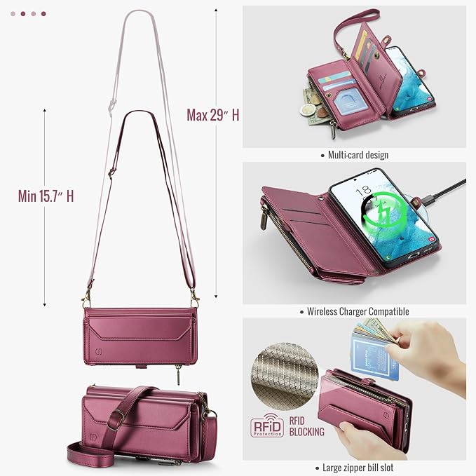 Strapurs Crossbody Wallet Case Compatible with Samsung Galaxy S22 5G RFID Blocking Card Holder Soft PU Leather Magnetic Snap Shoulder Strap Zipper Pocket Phone Case Fit for Galaxy S22 6.1" - Wine Red