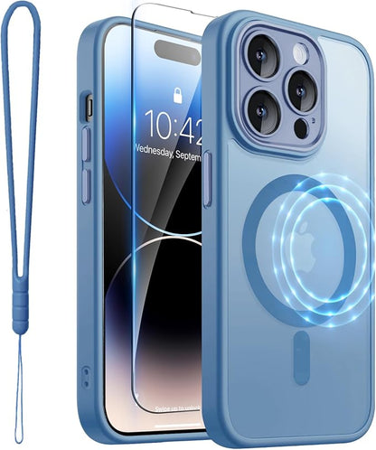 ROYBENS for iPhone 14 Pro-Max Matte Clear Case Compatible with Magsafe, Full Camera Lens Protection, Screen Protector, Wrist Strap, Translucent Magnetic Slim Hard Protective Phone Cover, Blue