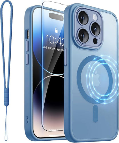 ROYBENS for iPhone 14 Pro Matte Clear Case Compatible with Magsafe, Full Camera Lens Protection, Screen Protector, Wrist Strap, Translucent Magnetic Slim Hard Protective Phone Cover, Blue