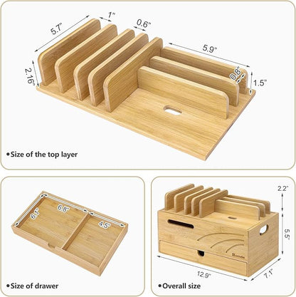 Homde Bamboo Charging Station Organizer: Charger Rack for Multiple Devices | Cable Cord Management Box with 6 Compartments and Drawer - Electronic Docking Stand for Chargers Phones Tablets (Natural)