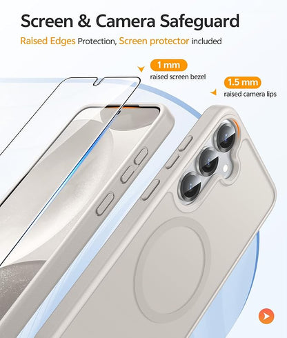 FNTCASE for Samsung Galaxy S25/S24 Case, Fit for Magsafe, Screen Protector | Translucent Matte Magnetic Back, 14FT Military Grade Drop Protection, Shockproof Protective Phone Cover, Off White