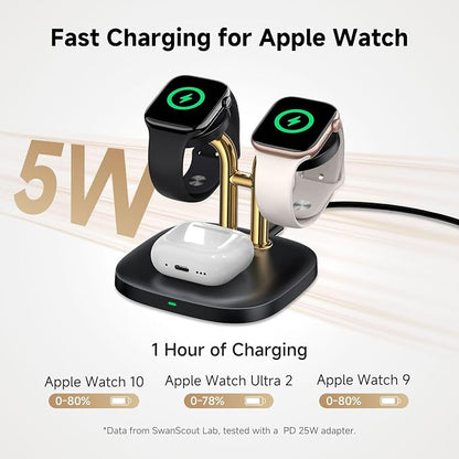 Dual Watch Charger with Fast Charging for Apple Watch, SwanScout 704A, 3-in-1 Wireless Charging Station Stand for Apple Watch Ultra 3/11/10, Wireless Charger Dock for AirPods Pro 3/4/3 (Black & Gold)