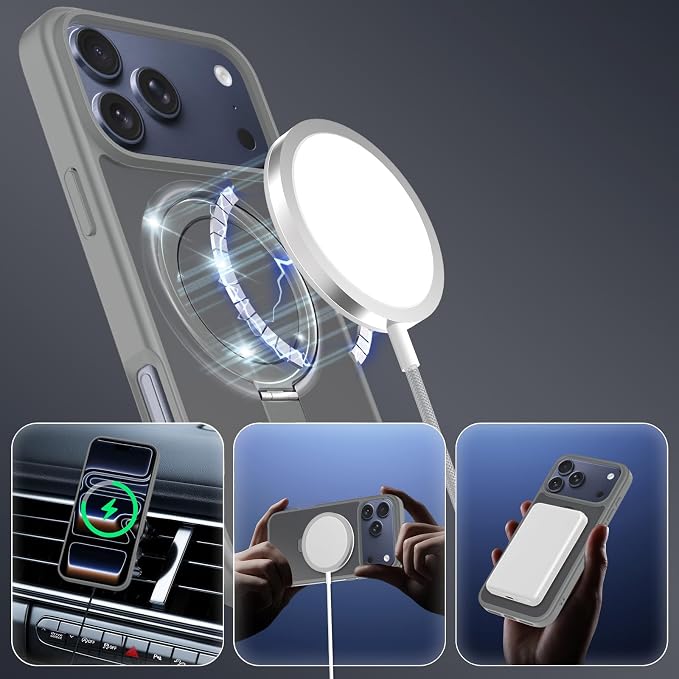 Ultra-Magnetic Stand for iPhone 17 Pro Max Case [Military Drop Protection] [Compatible with MagSafe] Shockproof Translucent Matte Slim Ring Holder Case for iPhone 17 Pro Max (Gray)