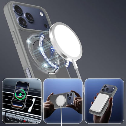 Ultra-Magnetic Stand for iPhone 17 Pro Max Case [Military Drop Protection] [Compatible with MagSafe] Shockproof Translucent Matte Slim Ring Holder Case for iPhone 17 Pro Max (Gray)