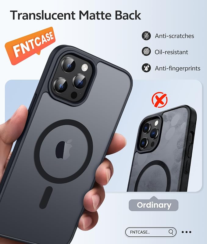 FNTCASE for iPhone 12 Pro Max Case: [Compatible with Magsafe] Translucent Matte Magnetic Phone Cover - Military Grade Drop Protection Shockproof Protective Cases - Black