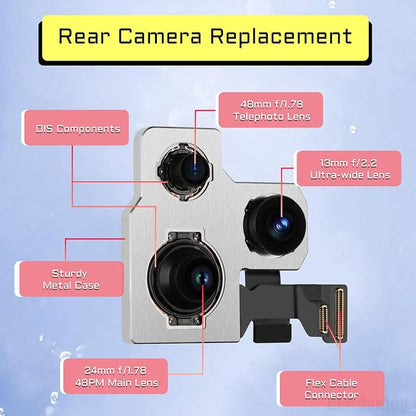 for iPhone 14 Pro 48MP OEM Main Rear Back Camera Replacement with Ultra Wide Telephoto Lens 5X Optical Zoom HDR Photos Flex Cable 4K 60 fps 1080p HD Video A2650 A2889 A2890 A2891 A2892