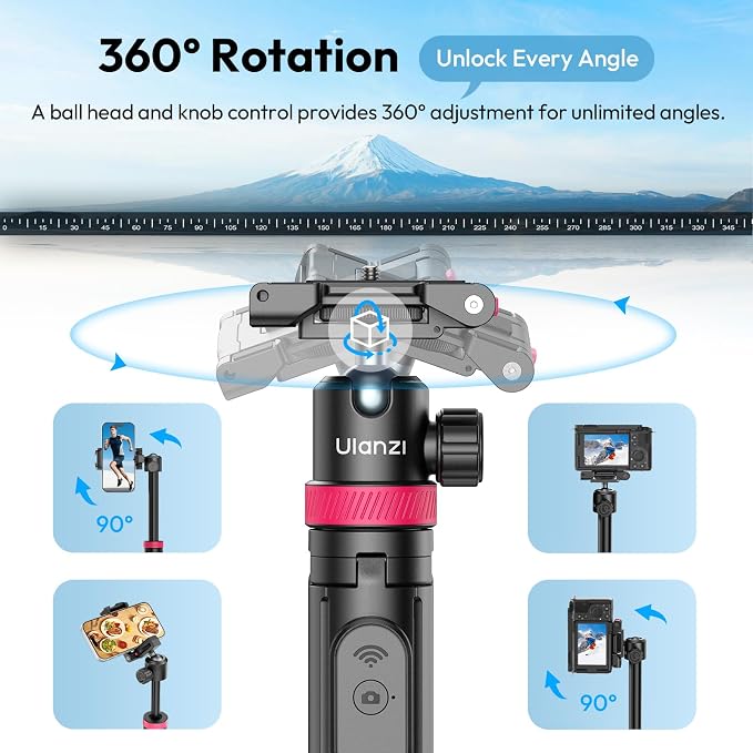 ULANZI MT-44B Phone Tripod, 59'' Auto Open Phone Stand with Dual Camera Set up, 360° Ball Head, Extendable Selfie Stick w Cold Shoe for Filming/Selfie in Vlog, Family Gatherings, Black