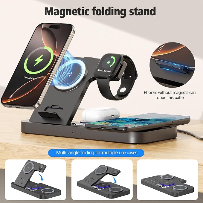 Dual Phone Wireless Charging Station for Apple Devices, 30W Wireless Charger with Auto-Switch 7-Color Light & Clock,Dual iPhone for iPhone 17 for AirPods4 for Apple Watch10