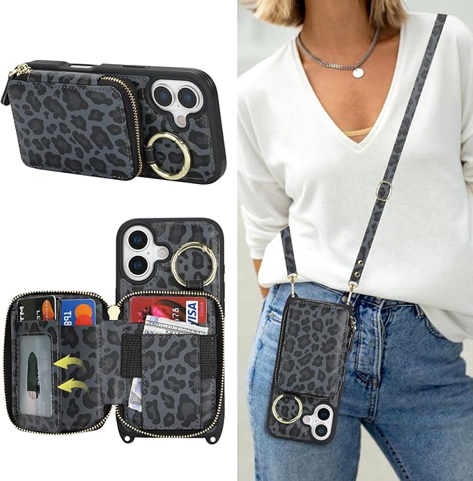 Crossbody Wallet Case for iPhone 17, PU Leather Zipper Handbag Purse Flip Cover, Kickstand Folio Case with Card Slots Holder Wrist Strap Lanyard 5G 6.3 Inch-Black Leopard