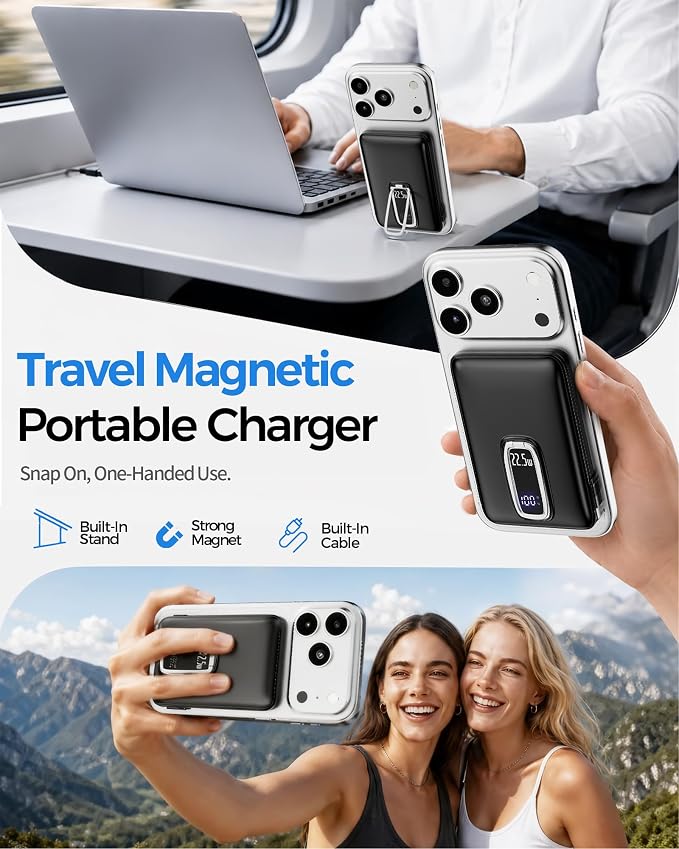 for MagSafe Power Bank iPhone,22.5W Fast Charging Magnetic Portable Charger | Detachable Built-in USB-C,Foldable Stand,14N Strong Magnetic Hold,4-Device Charging,10000mAh Wireless Power,LED Display,Pink