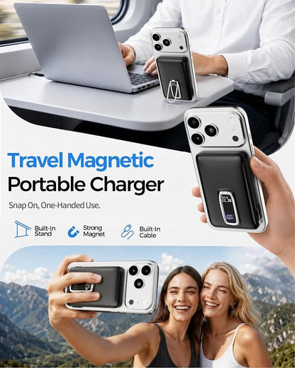 for MagSafe Power Bank iPhone,22.5W Fast Charging Magnetic Portable Charger | Detachable Built-in USB-C,Foldable Stand,14N Strong Magnetic Hold,4-Device Charging,10000mAh Wireless Power,LED Display,Pink