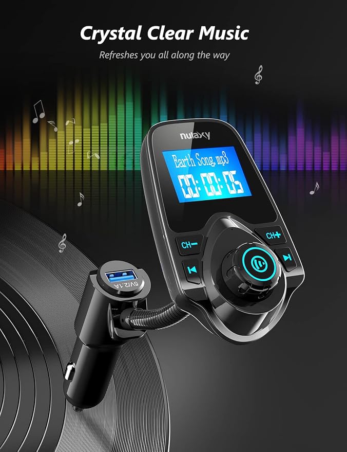 Nulaxy KM18 Bluetooth 5.4 Car Adapter with 1.44" Clear Display & Flexible Gooseneck - FM Radio Transmitter & Bluetooth Receiver for Hands-Free Calls, Wireless Music via BT/FM/AUX/TF, USB Car Charger
