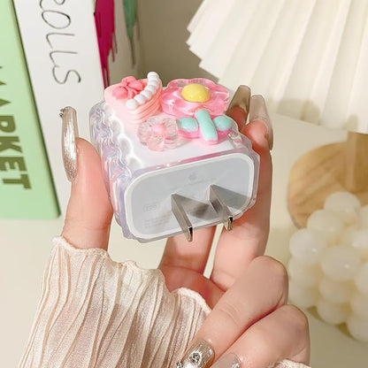 Lovmooful Compatible for iPhone 18W/20W USB-C Charger Cover Clear Lovely 3D Flower Floral Bowknot Design Soft Charger Protector Cute Cable Case Saver Protector for Girls Women-Pink Flower
