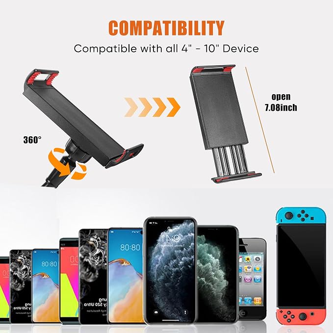 Tablet Stand Holder for Bed, Gooseneck Mount Stand Clip Flexible Long Arm Tablets Mount Clamp on Table,Cell Phone Holder Compatible with 4-10 Inches Devices and Cell Phones