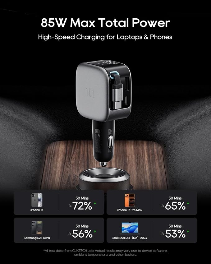 CUKTECH 85W Car Charger with Built-in Retractable Cable(2.3ft), 3-Port(2C1A) GaN Car Adapter, Smart LED Display, Power and Voltage Monitor, for MacBook, iPhone 17/16/15, Galaxy S26/25/S24, Pixel 10/9